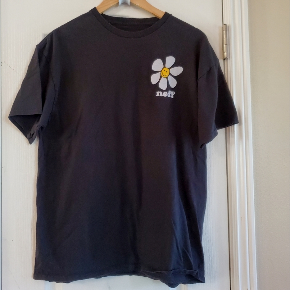 NEFF Black Tee Shirt with White Happy Smile Face Daisy Large